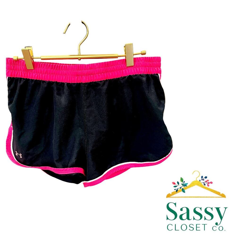 ✨ UNDER ARMOUR Black Pink HeatGear Running Shorts S Hidden Drawstring EUC 🌸